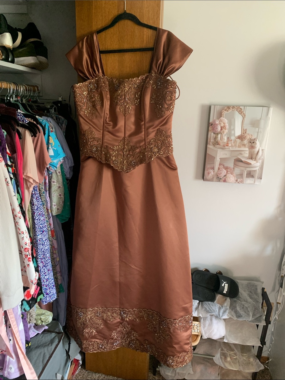 Copper Brown Satin Bead Embellished formal Dress